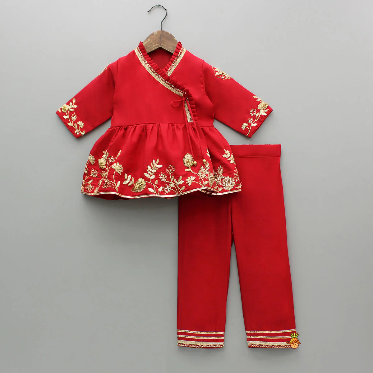 Red Angarkha Style Embroidered Peplum Kurti And Pant