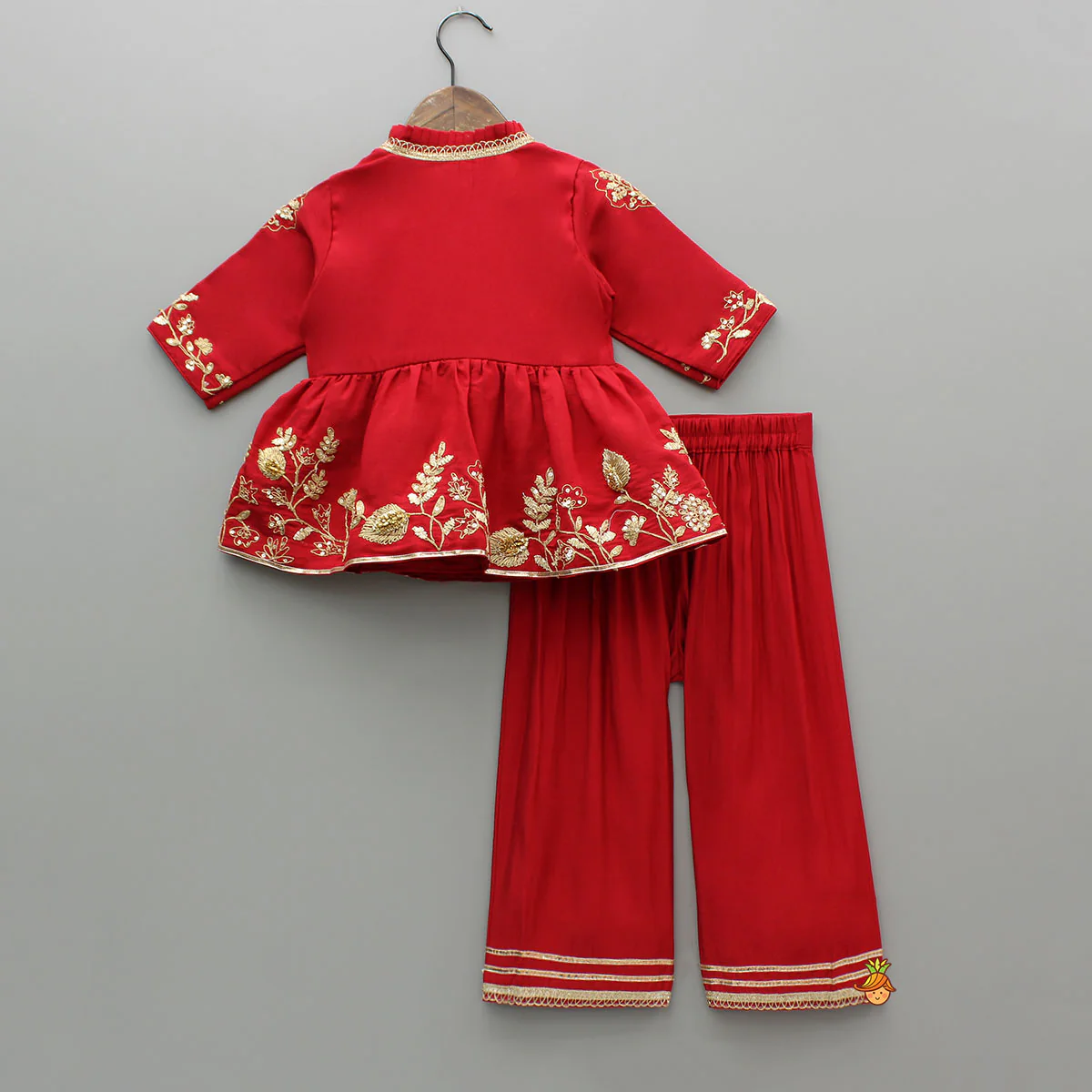 Red Angarkha Style Embroidered Peplum Kurti And Pant - Image 2