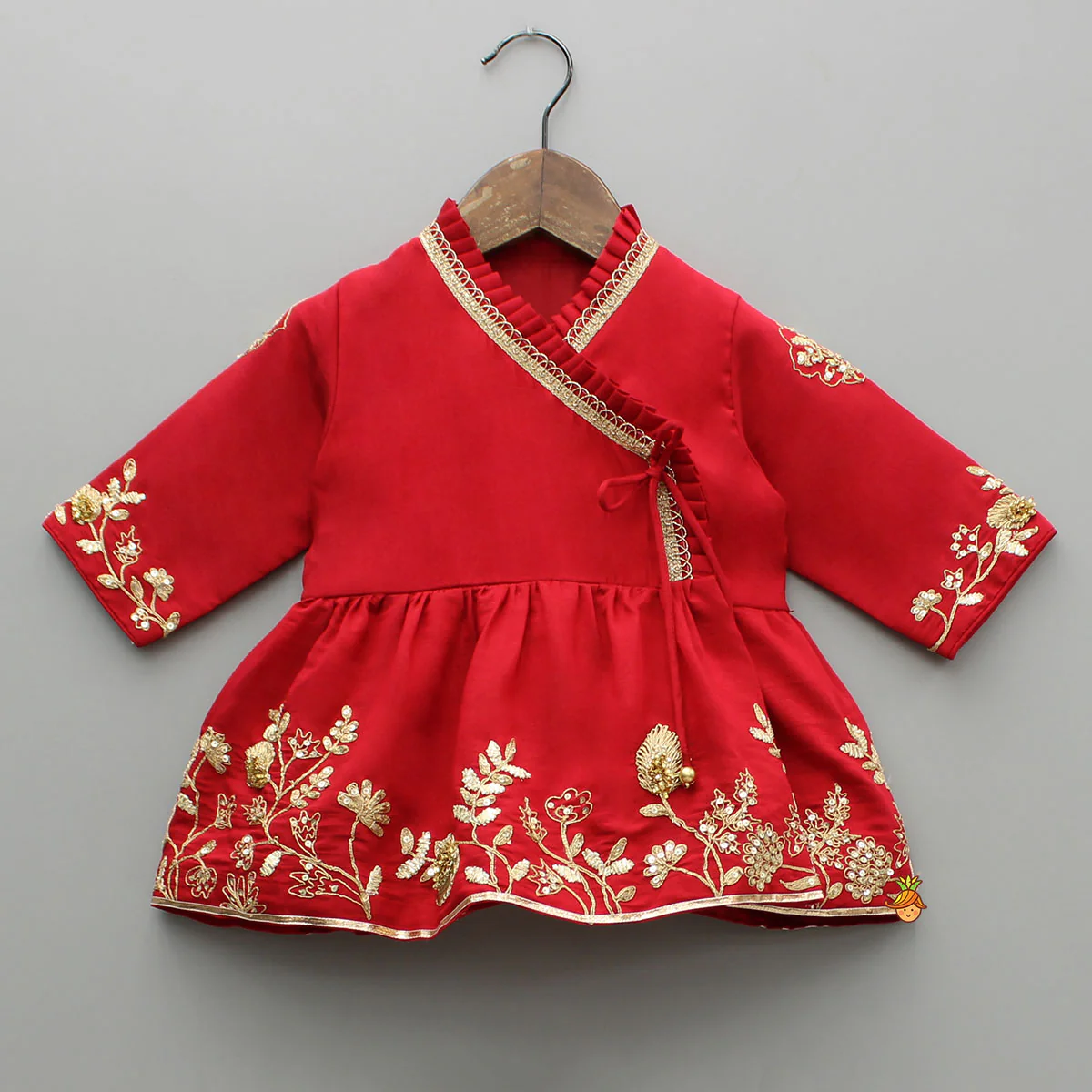 Red Angarkha Style Embroidered Peplum Kurti And Pant - Image 3