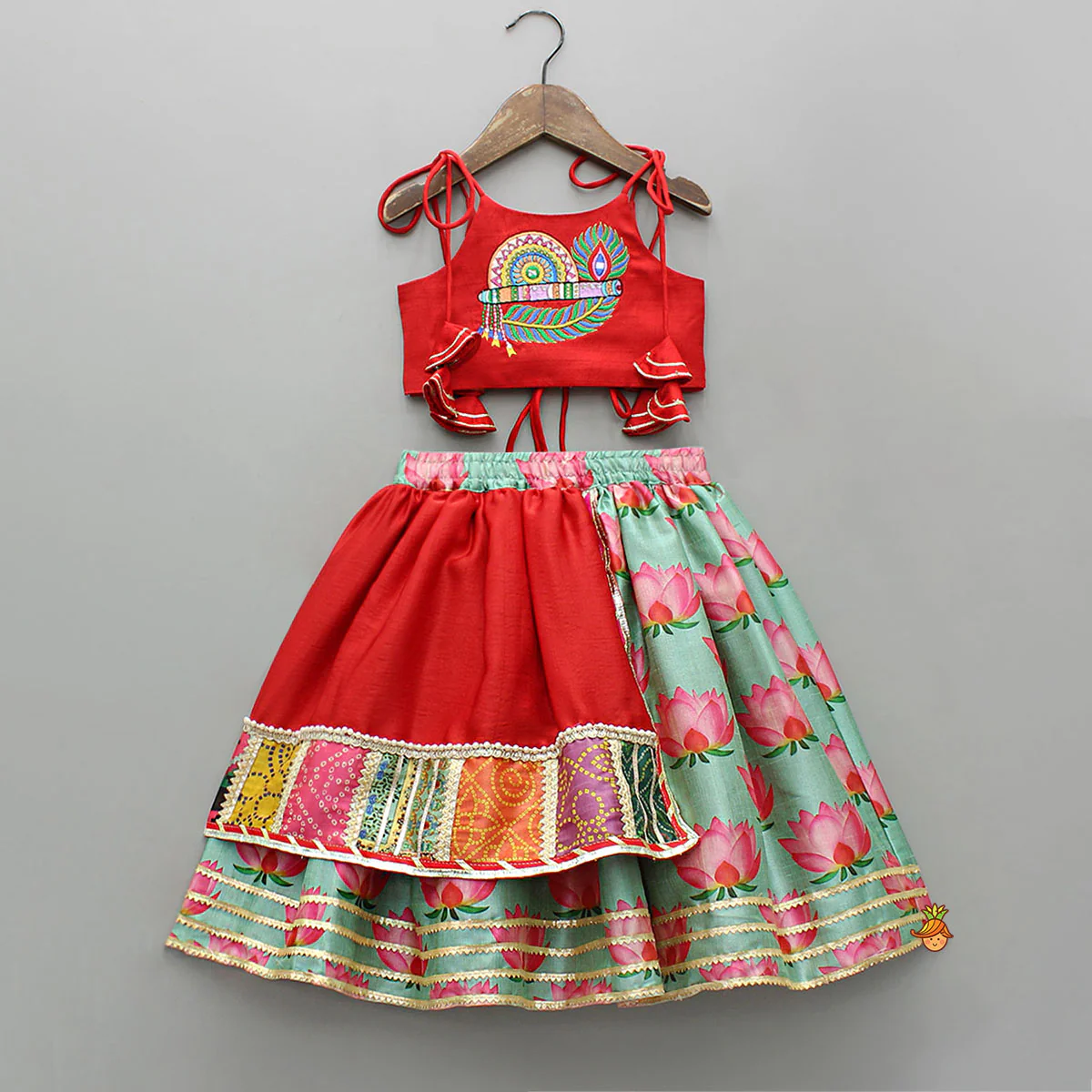 Red Embroidered Strappy Top With Lehenga And Dupatta - Image 3