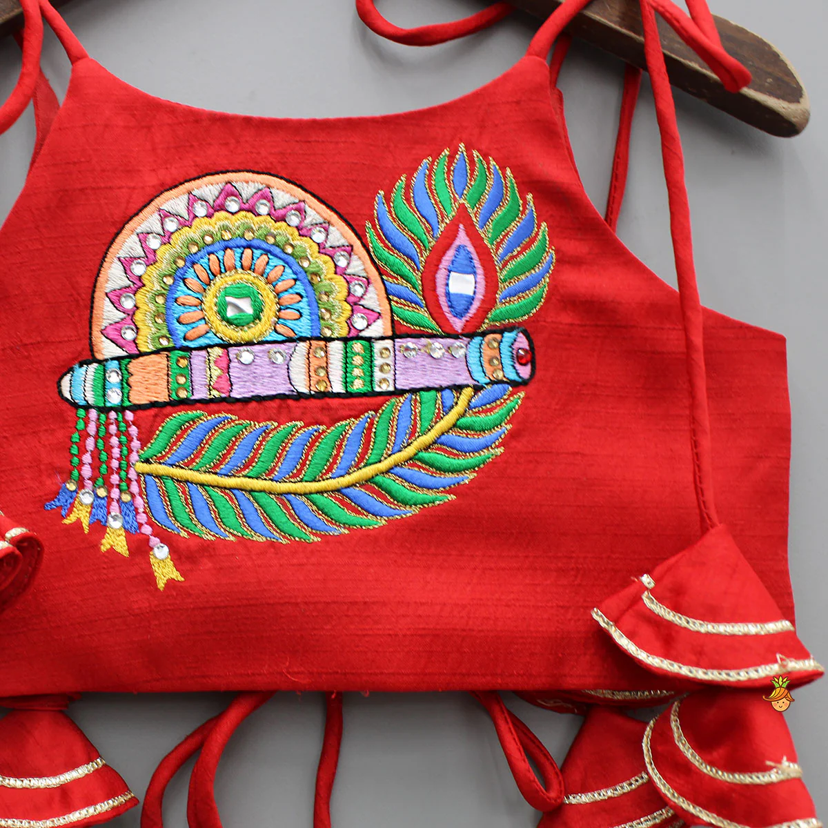 Red Embroidered Strappy Top With Lehenga And Dupatta - Image 6