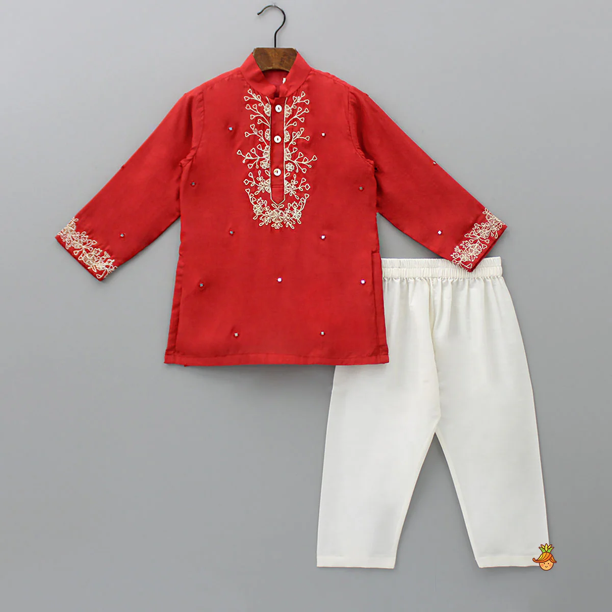 Red Faux Mirror Work Kurta With Pyjama