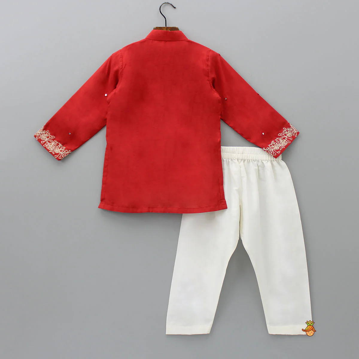 Red Faux Mirror Work Kurta With Pyjama - Image 2