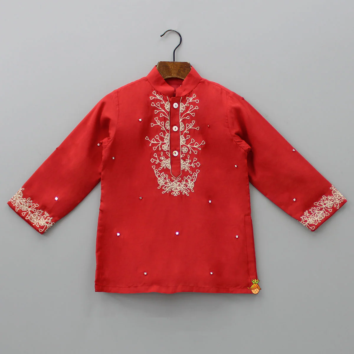Red Faux Mirror Work Kurta With Pyjama - Image 3