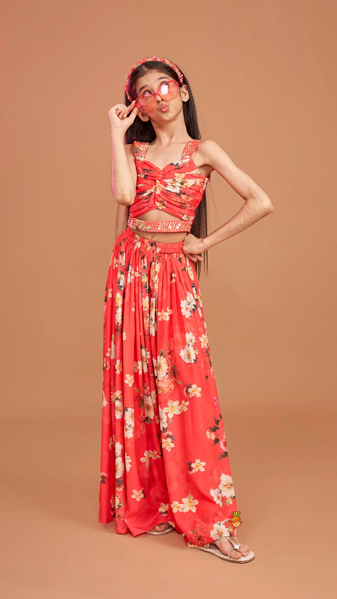 Red Floral Printed Draped Top With Flared Palazzo - Image 2
