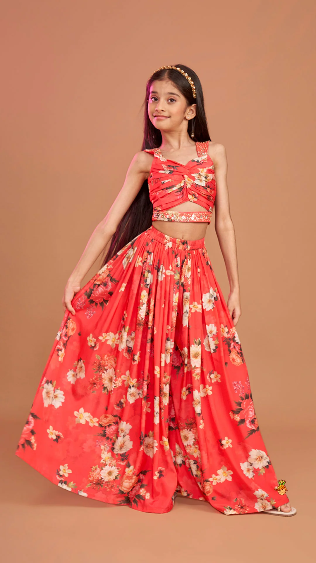 Red Floral Printed Draped Top With Flared Palazzo - Image 3