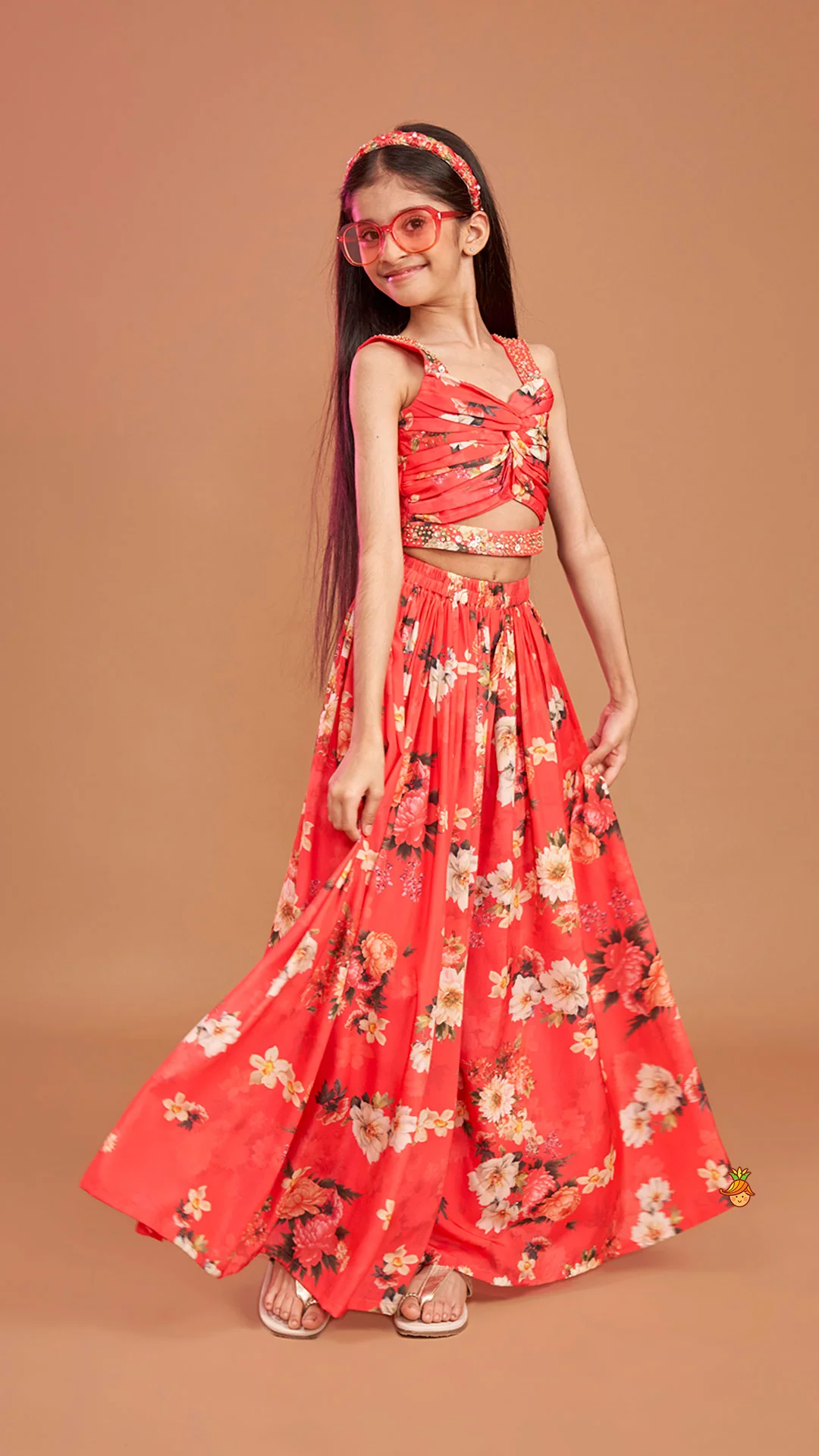 Red Floral Printed Draped Top With Flared Palazzo - Image 4