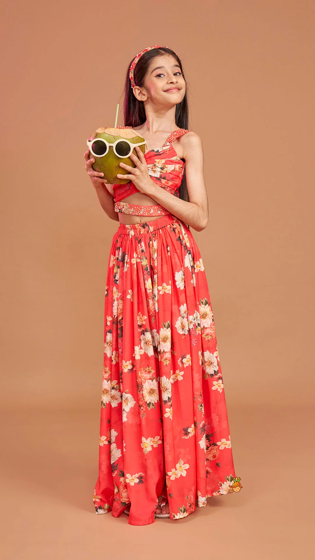 Red Floral Printed Draped Top With Flared Palazzo - Image 5