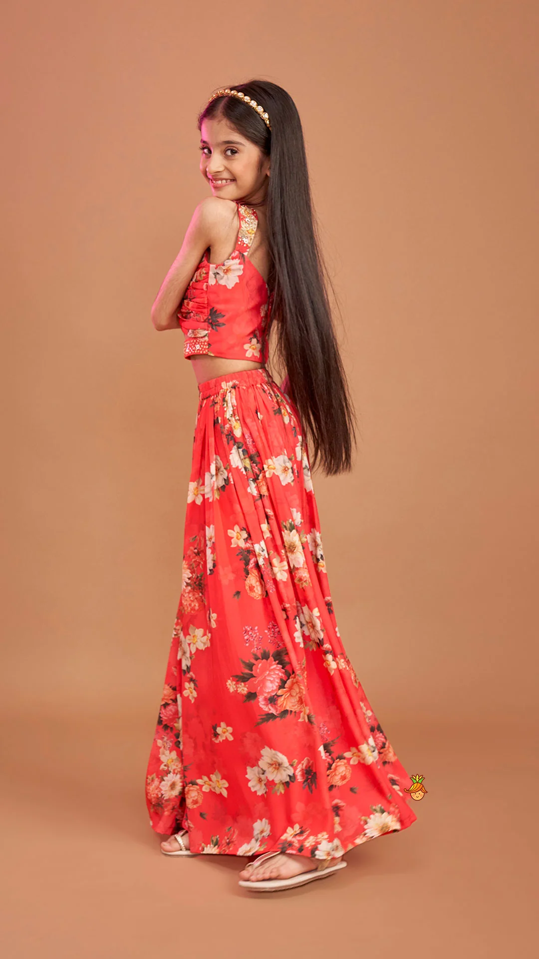 Red Floral Printed Draped Top With Flared Palazzo - Image 6
