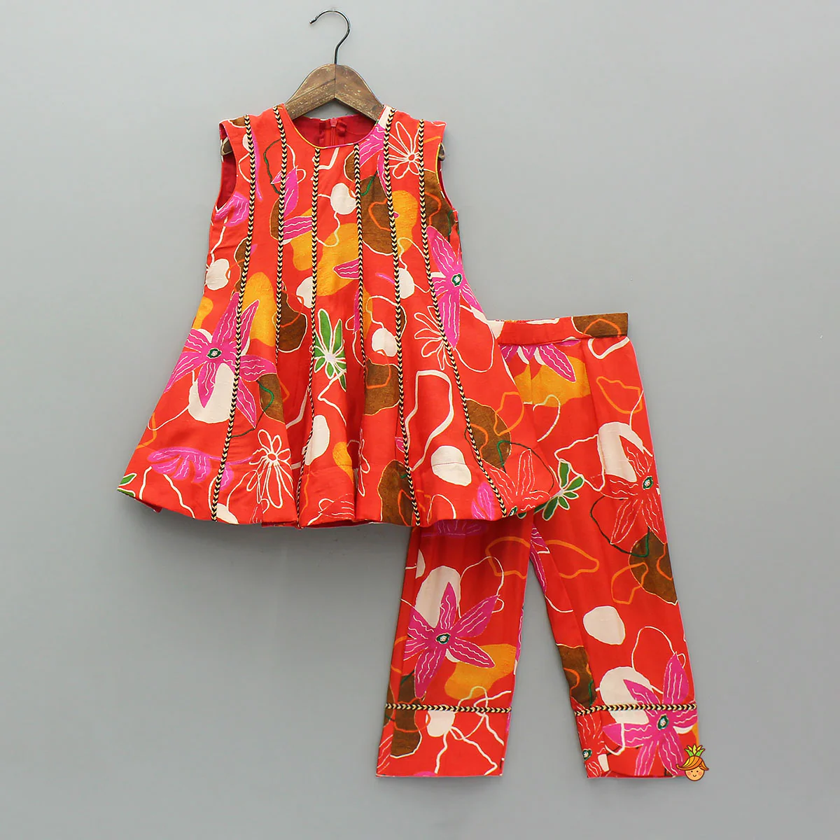 Red Floral Printed Sleeveless Kurti With Matching Pants