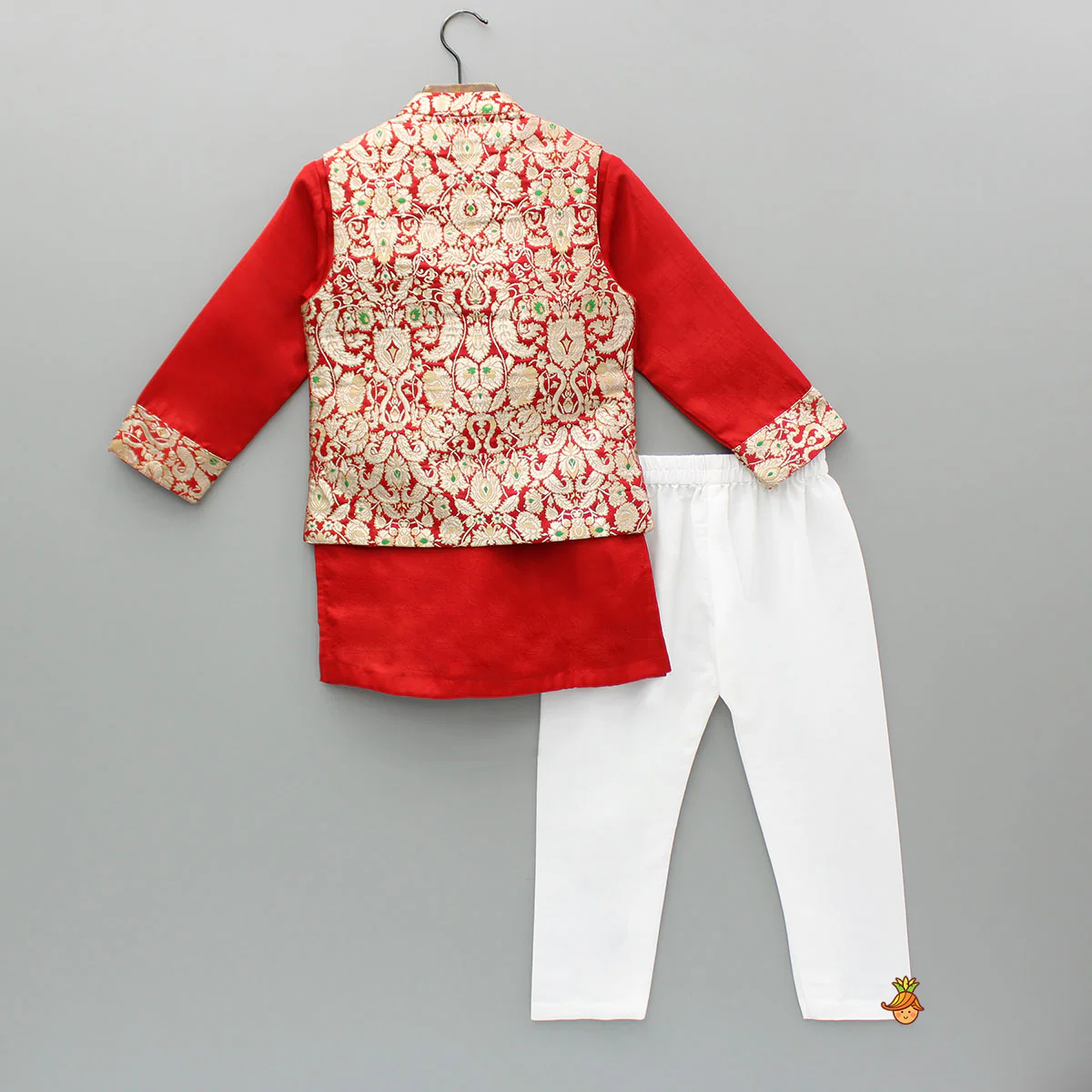 Red Kurta With Brocade Jacket And Pyjama - Image 2