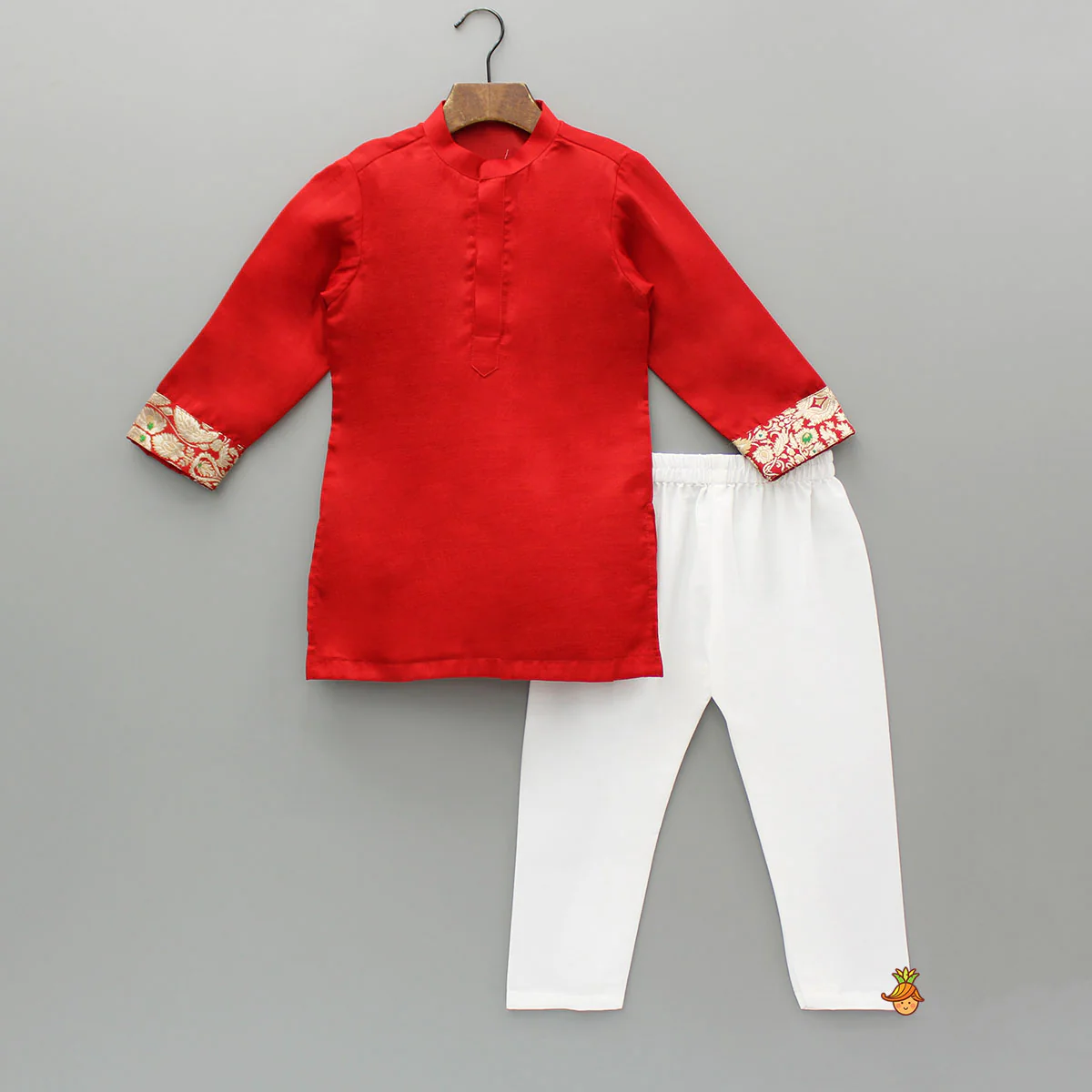 Red Kurta With Brocade Jacket And Pyjama - Image 3