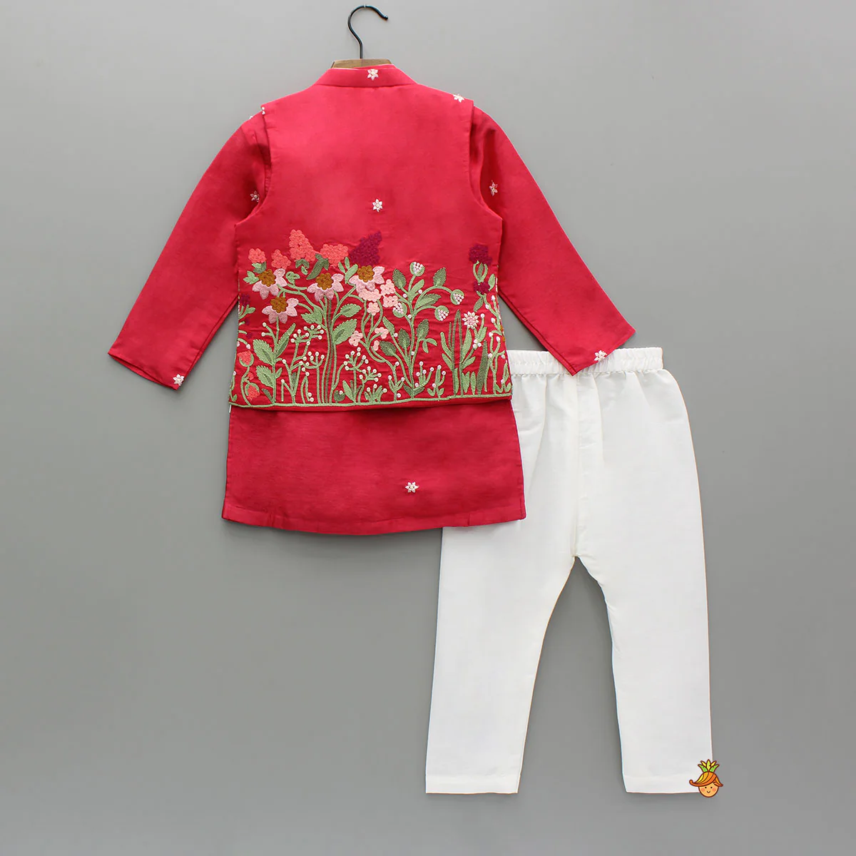 Red Kurta With Front Open Floral Embroidered Jacket And Pyjama - Image 2