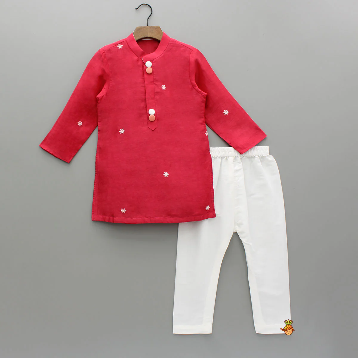 Red Kurta With Front Open Floral Embroidered Jacket And Pyjama - Image 3