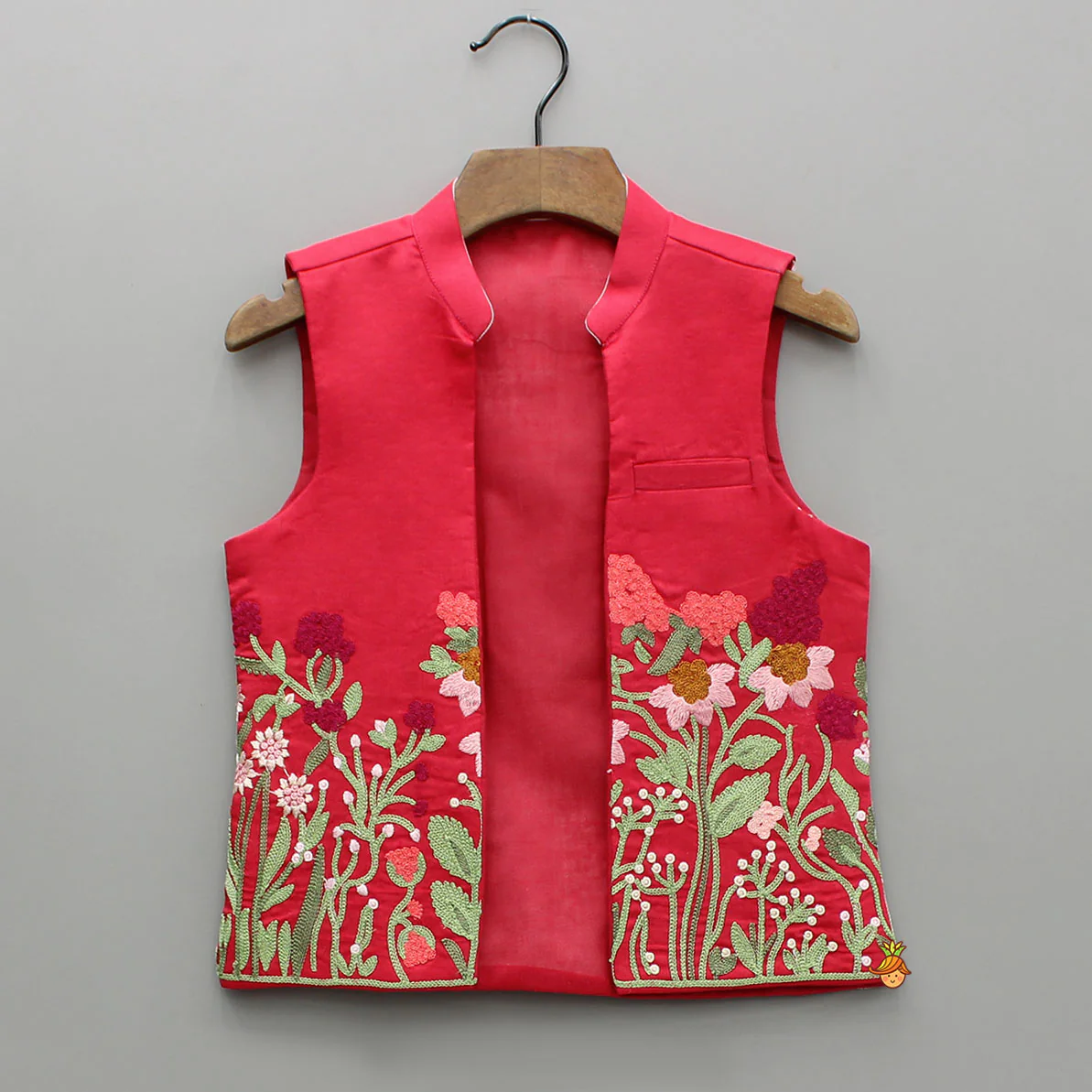 Red Kurta With Front Open Floral Embroidered Jacket And Pyjama - Image 6