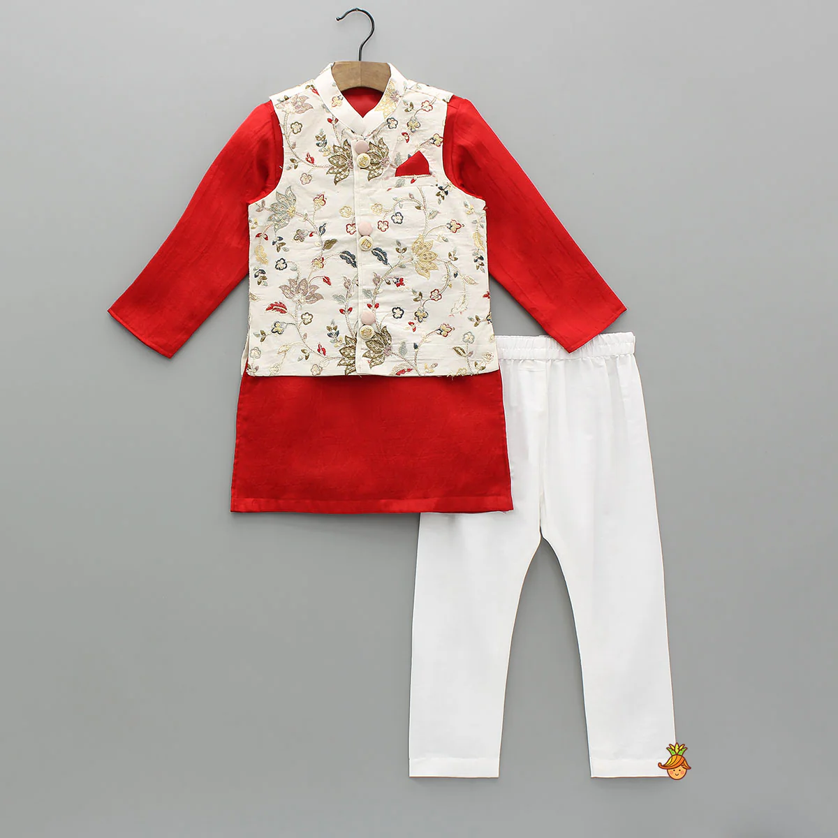 Red Kurta With Off White Floral And Sequins Embroidered Jacket And Pyjama