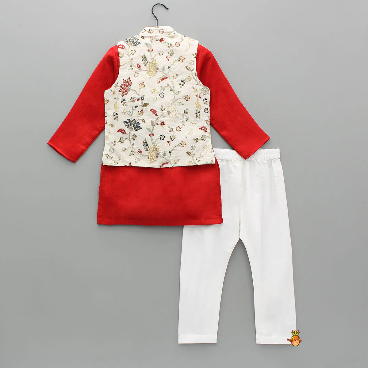 Red Kurta With Off White Floral And Sequins Embroidered Jacket And Pyjama - Image 2