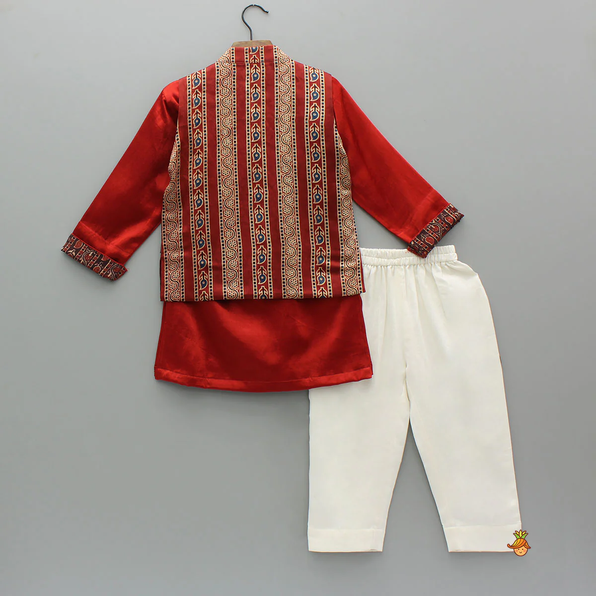 Red Kurta With Printed Jacket And Off White Pyjama - Image 2