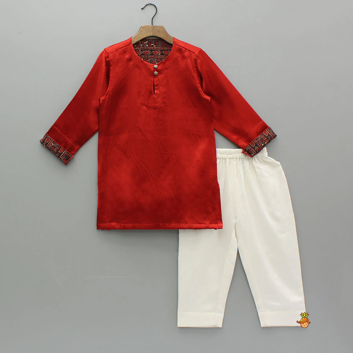 Red Kurta With Printed Jacket And Off White Pyjama - Image 3
