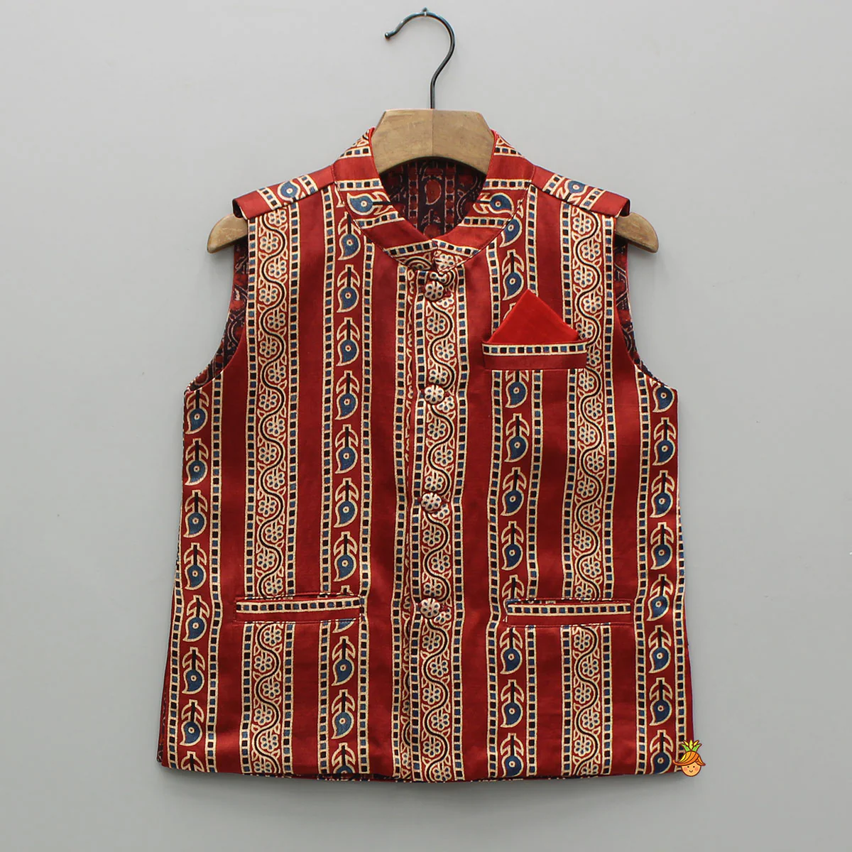 Red Kurta With Printed Jacket And Off White Pyjama - Image 6