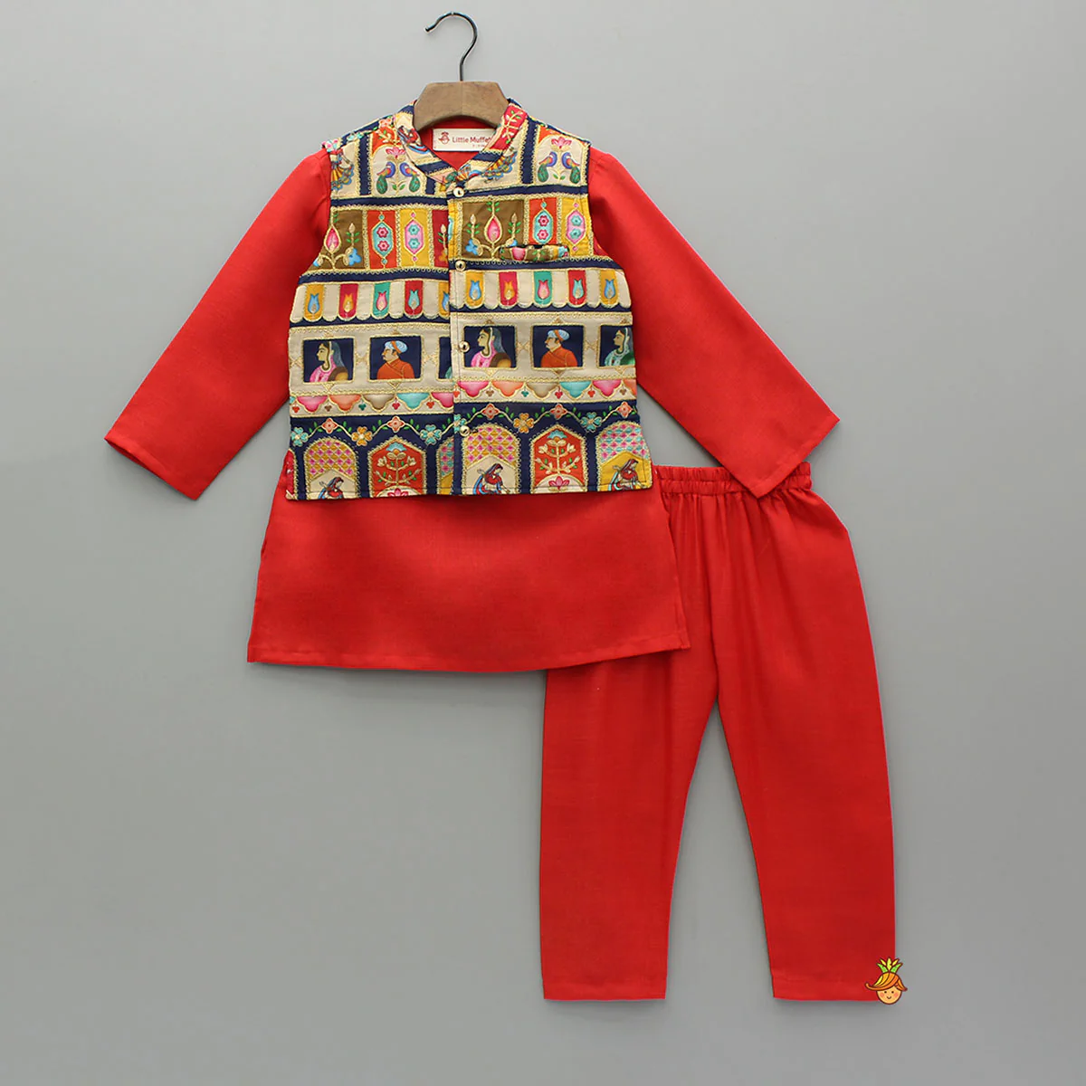 Red Kurta With Printed Multicolour Jacket And Pyjama