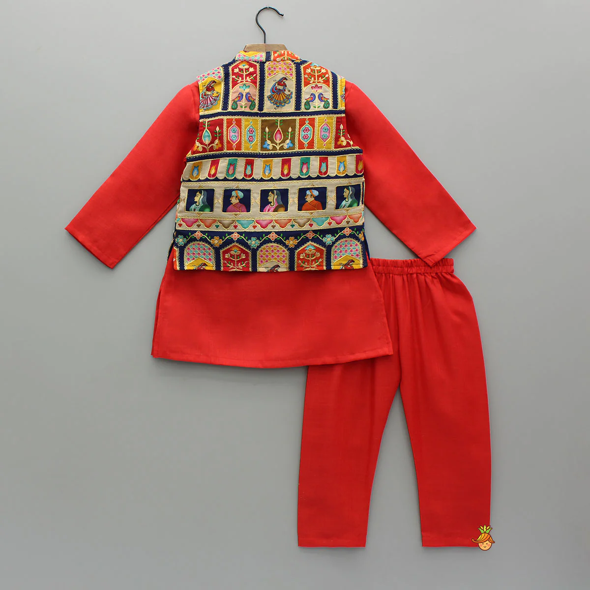 Red Kurta With Printed Multicolour Jacket And Pyjama - Image 2