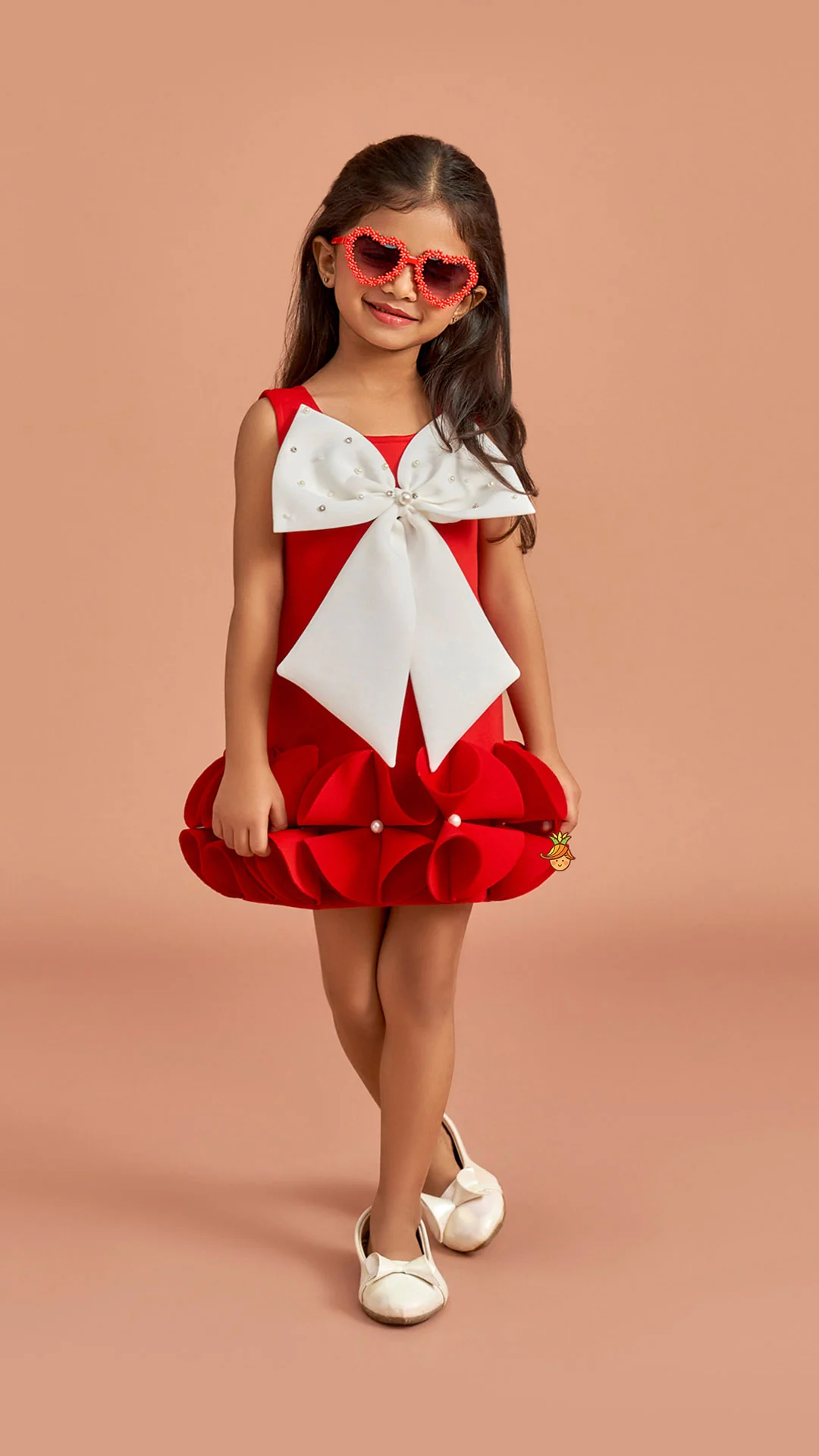 Red Ruffle Hem Dress With Bow Adornment - Image 2