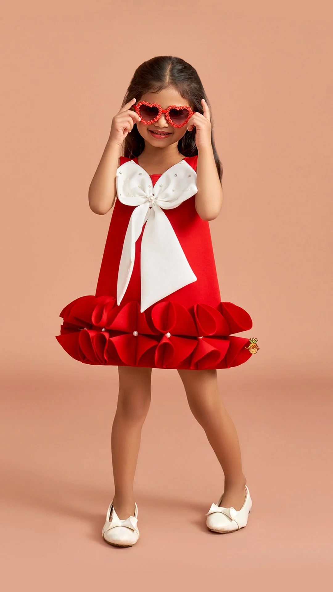 Red Ruffle Hem Dress With Bow Adornment - Image 3
