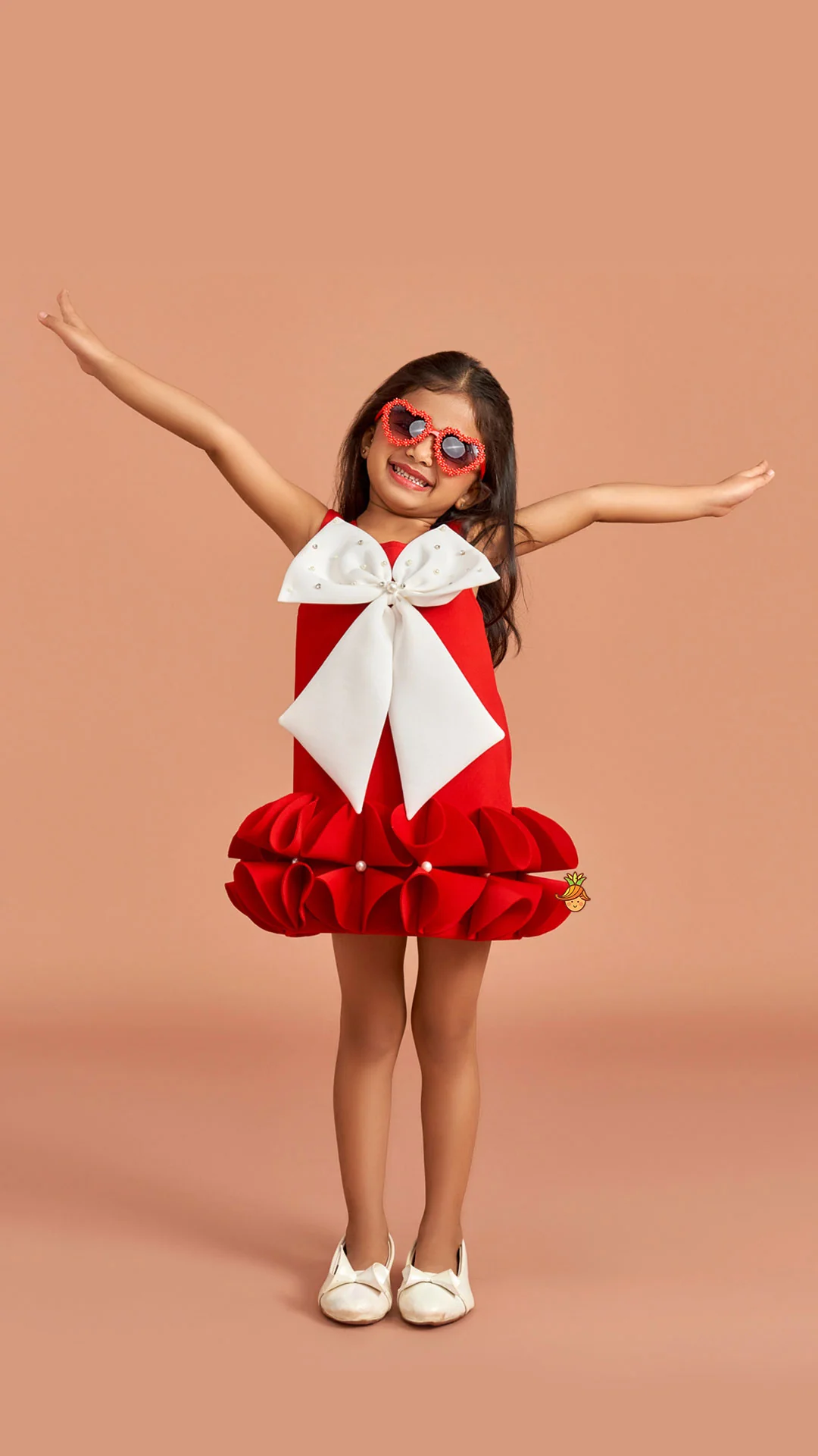 Red Ruffle Hem Dress With Bow Adornment - Image 4