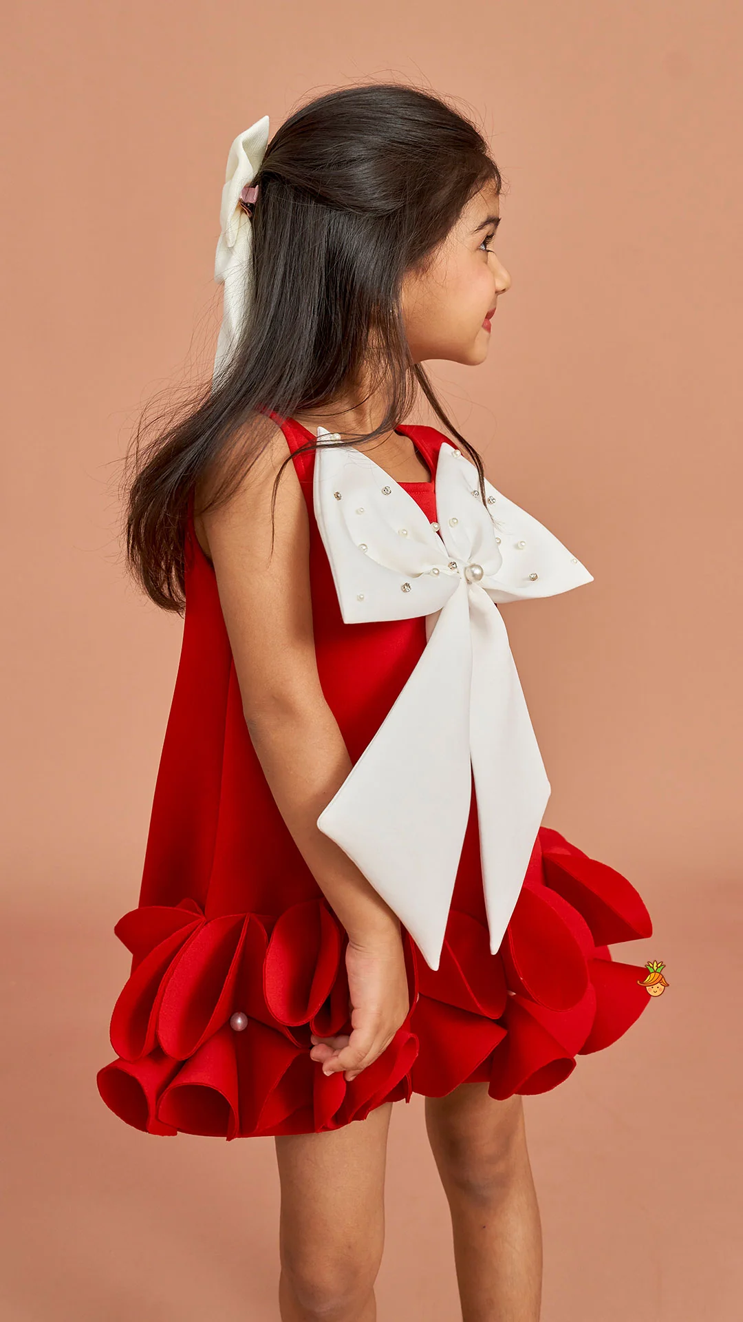 Red Ruffle Hem Dress With Bow Adornment - Image 5