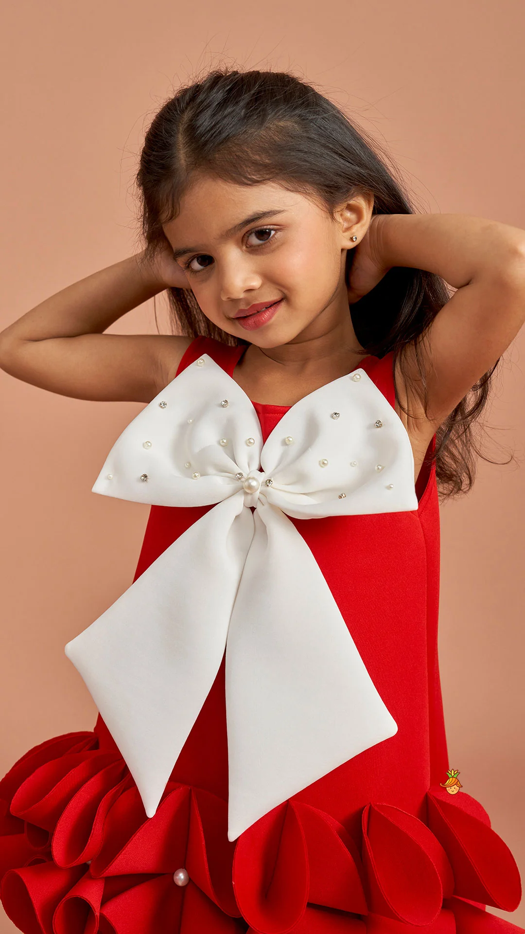 Red Ruffle Hem Dress With Bow Adornment - Image 6