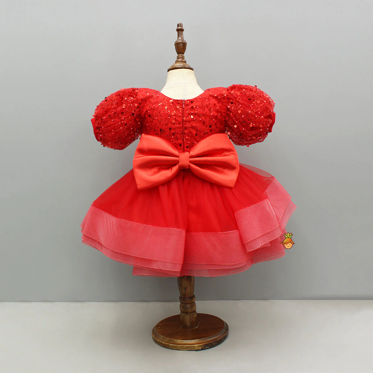 Red Sequined Ruffled Dress With Bows And Matching Swirled Bow Headband - Image 2