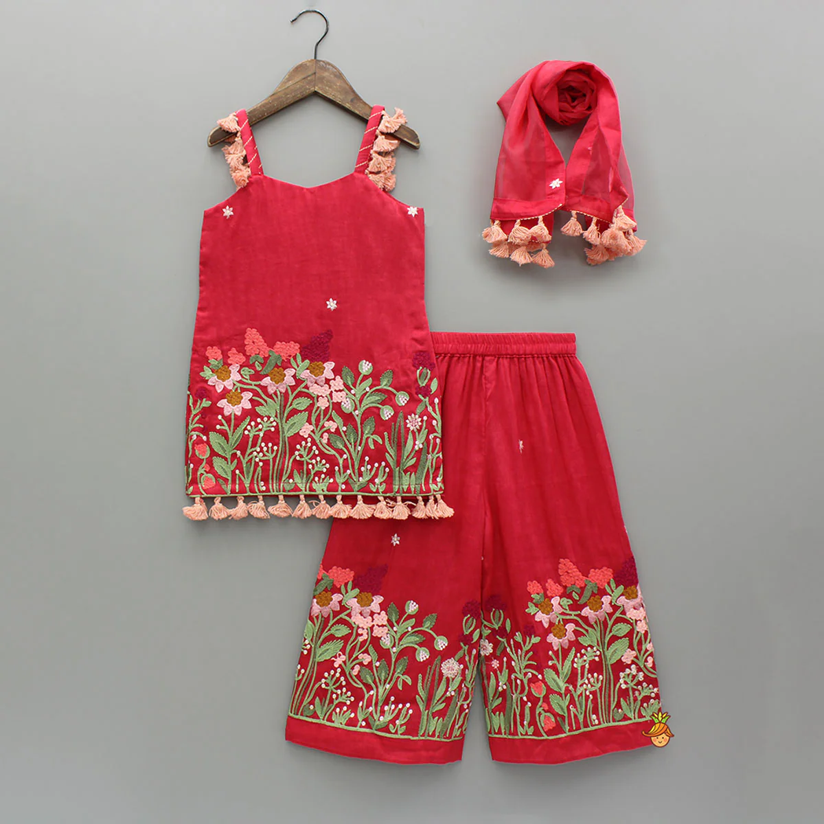 Red Sleeveless Floral Embroidered Kurti With Palazzo And Dupatta