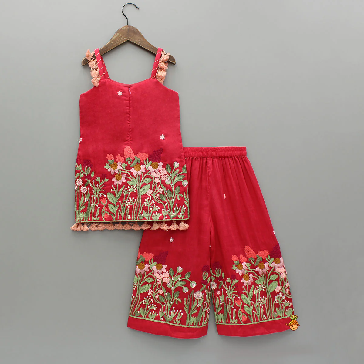 Red Sleeveless Floral Embroidered Kurti With Palazzo And Dupatta - Image 2