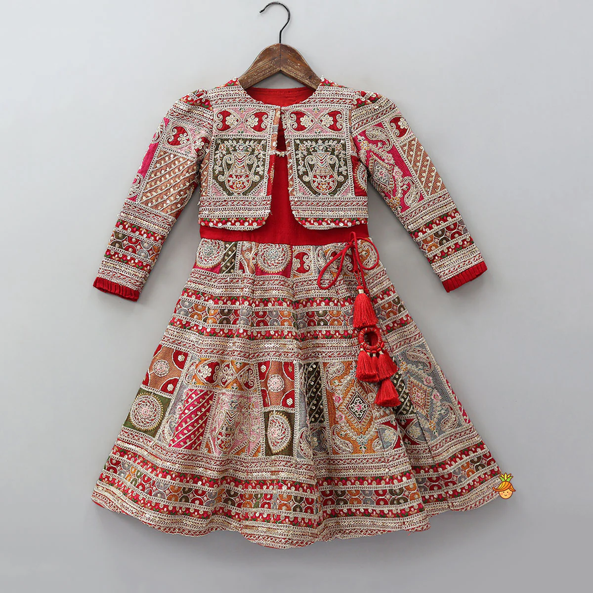 Red Strappy Heavy Embroidered Kurti With Matching Embroidered Jacket