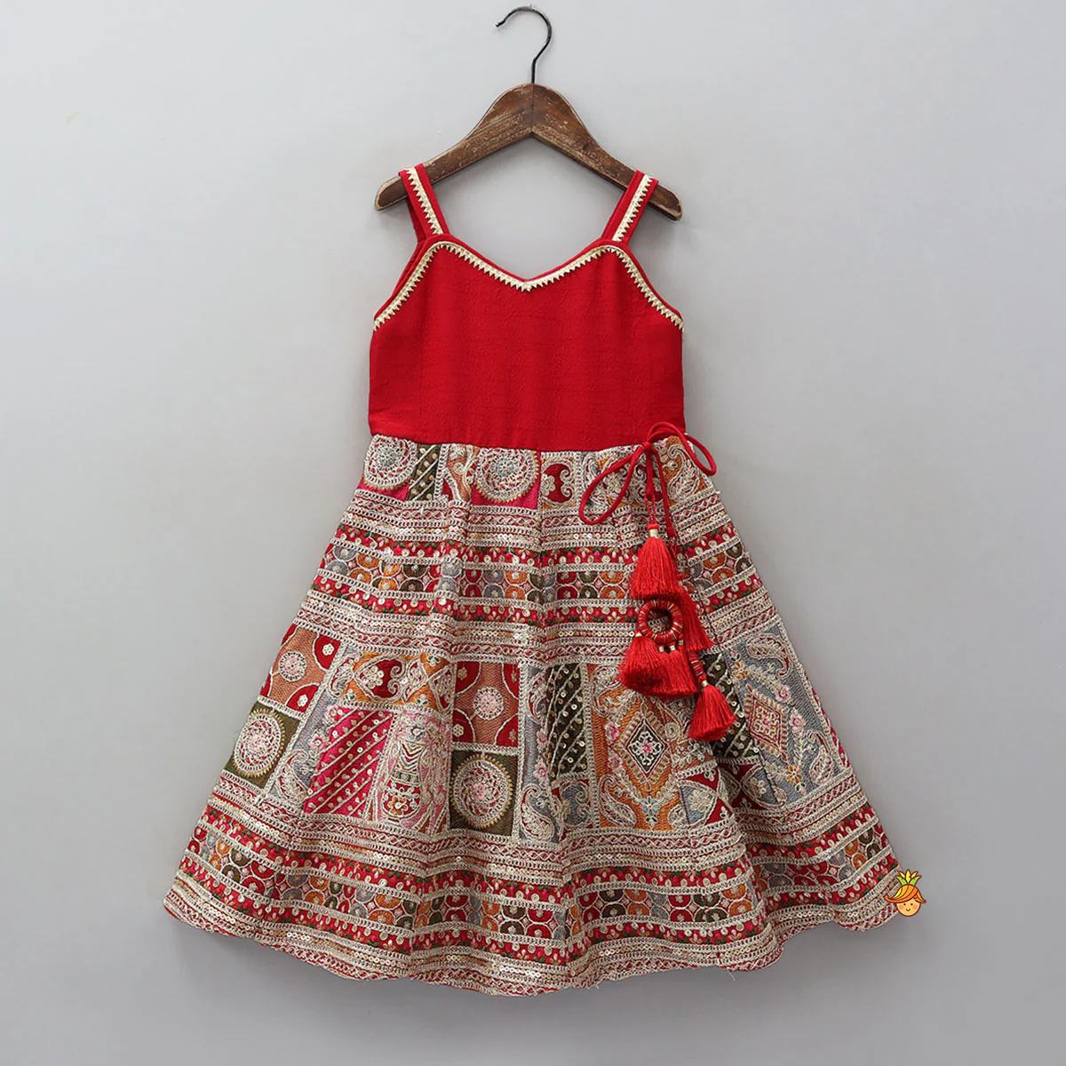 Red Strappy Heavy Embroidered Kurti With Matching Embroidered Jacket - Image 3