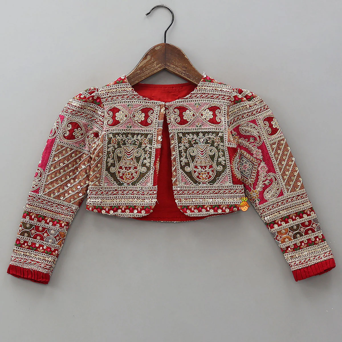 Red Strappy Heavy Embroidered Kurti With Matching Embroidered Jacket - Image 4