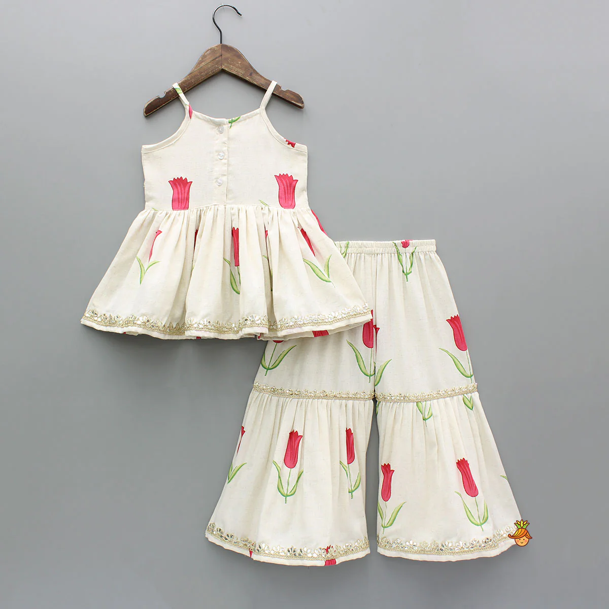 Red Tulip Printed Strappy Peplum Kurti With Printed Sharara And Red Dupatta - Image 2