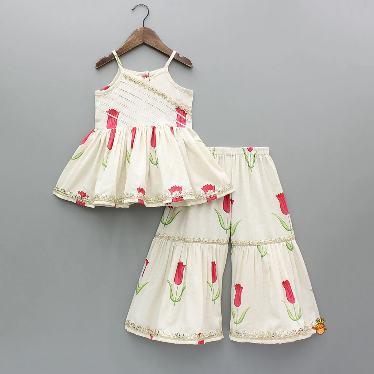 Red Tulip Printed Strappy Peplum Kurti With Printed Sharara And Red Dupatta - Image 3