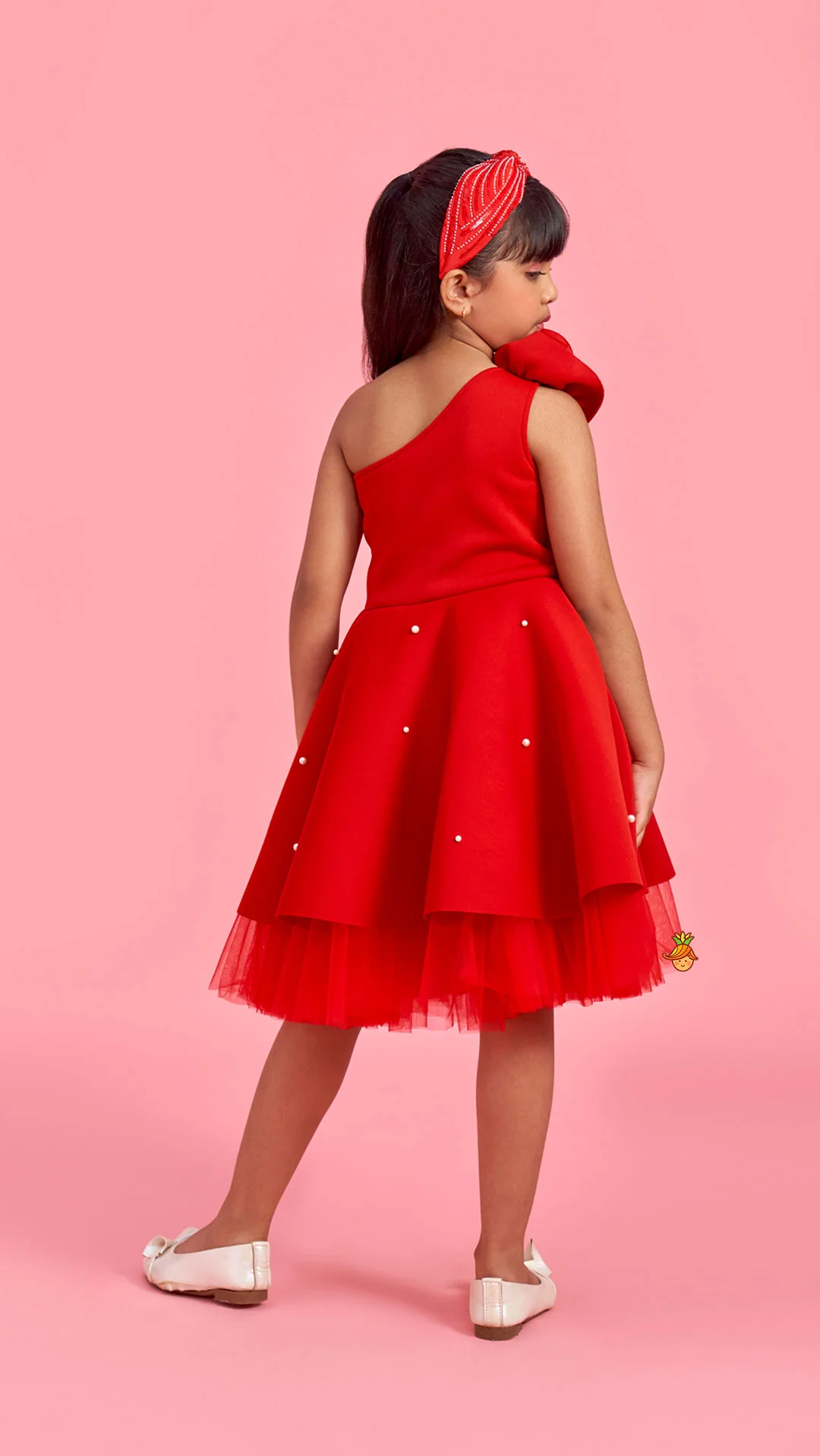 Rose Embellished Frilly Red Scuba Dress - Image 9