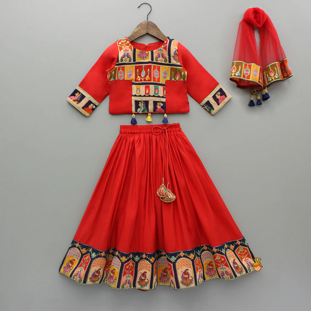 Fringed Hem Red Top And Lehenga With Matching Dupatta