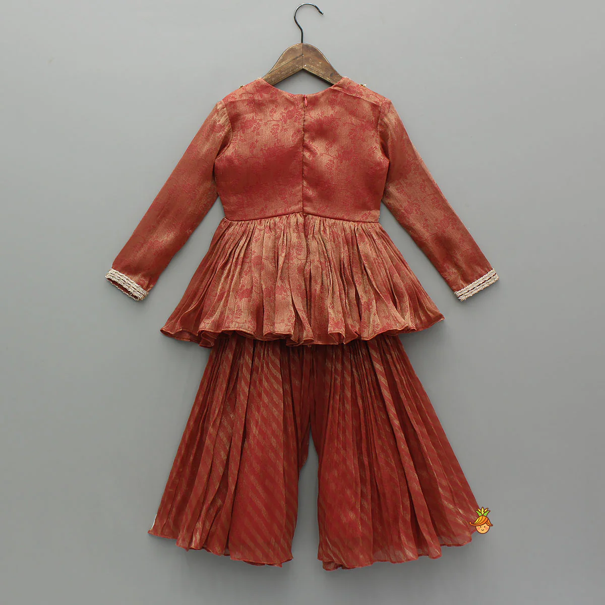Rust Textured Kurta With Pleated Palazzo - Image 2