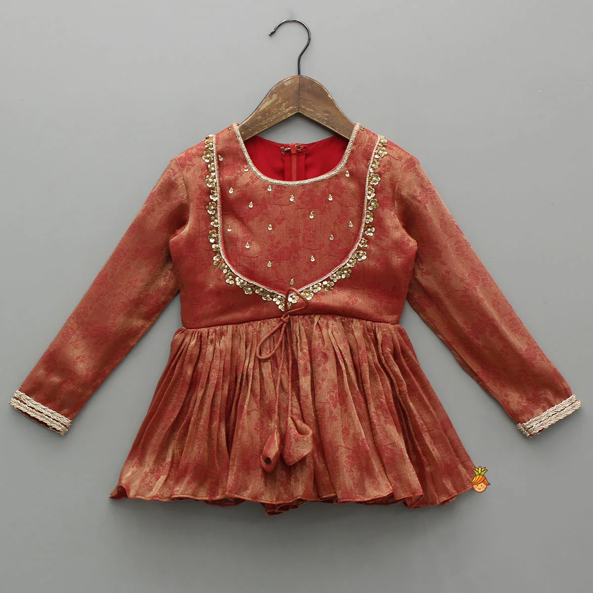 Rust Textured Kurta With Pleated Palazzo - Image 3