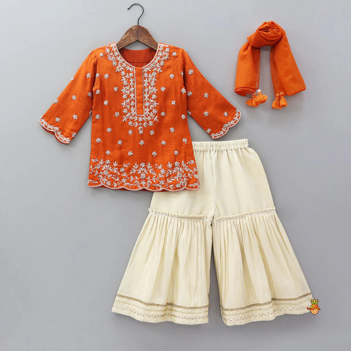 Scalloped Design Embroidered Kurti And Shimmery Sharara With Matching Dupatta