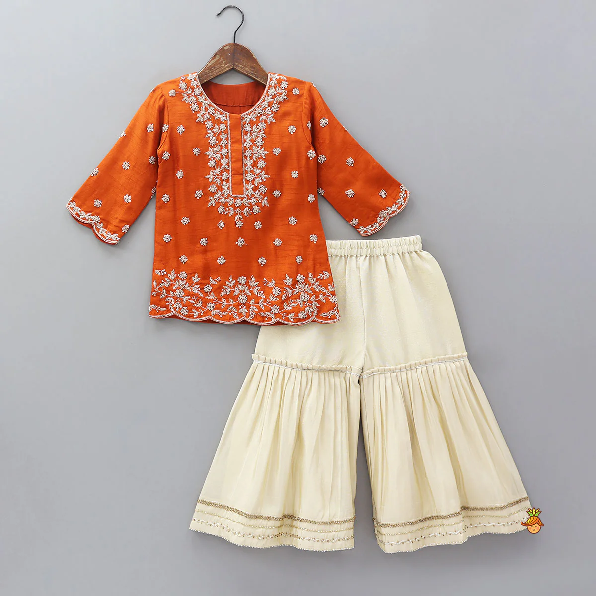 Scalloped Design Embroidered Kurti And Shimmery Sharara With Matching Dupatta - Image 3