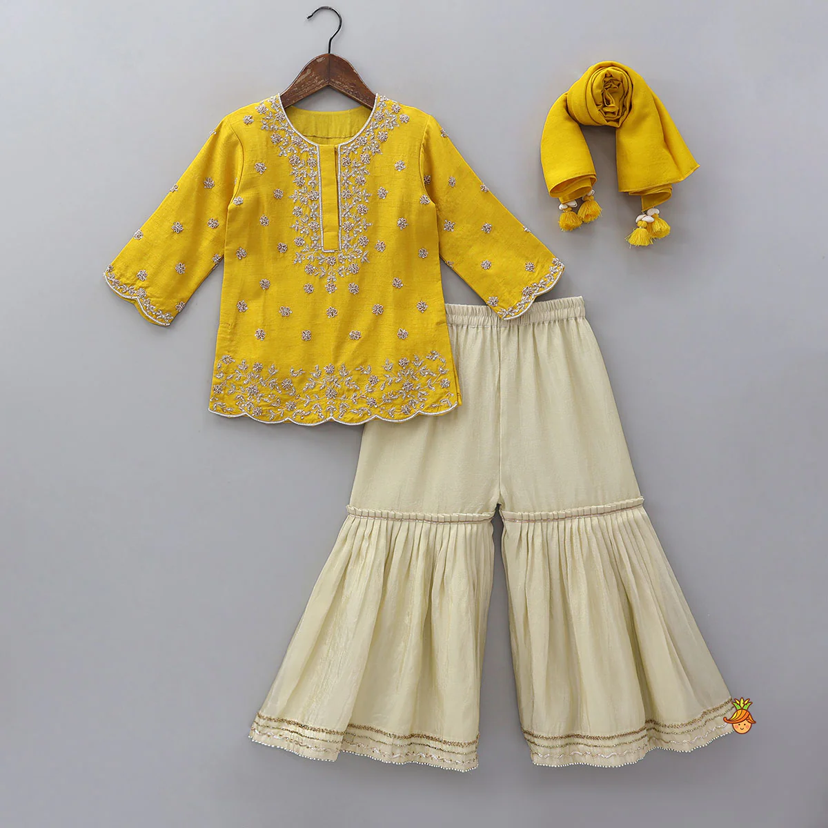 Scalloped Design Kurti And Shimmery Sharara With Matching Dupatta
