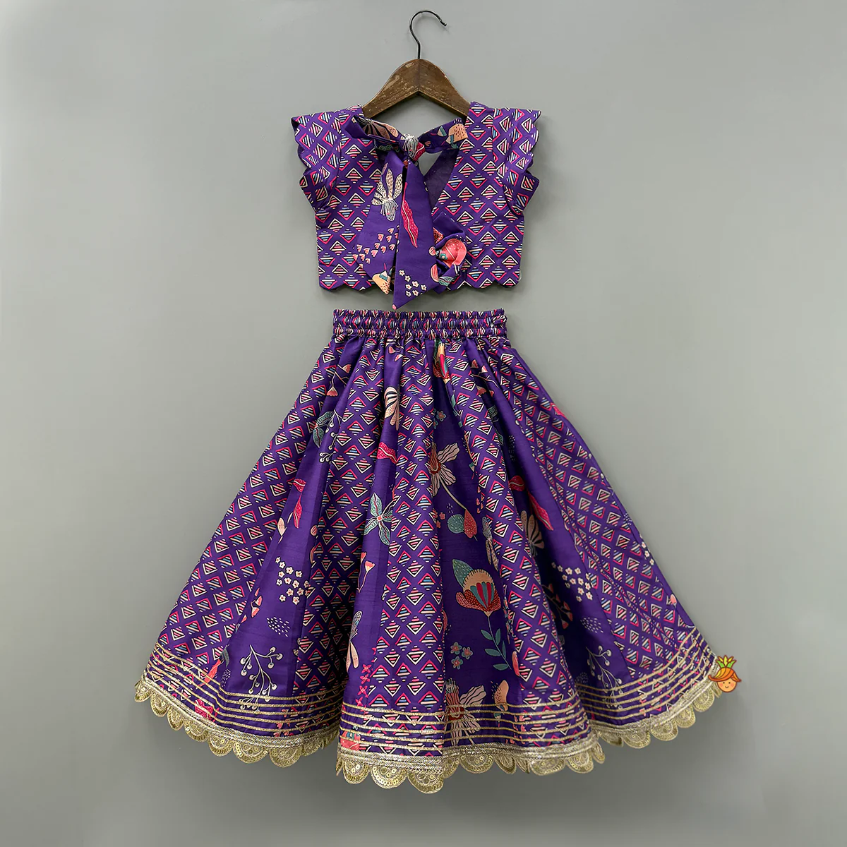 Scalloped Hem V Neck Purple Top And Lehenga With Matching Hair Band - Image 2