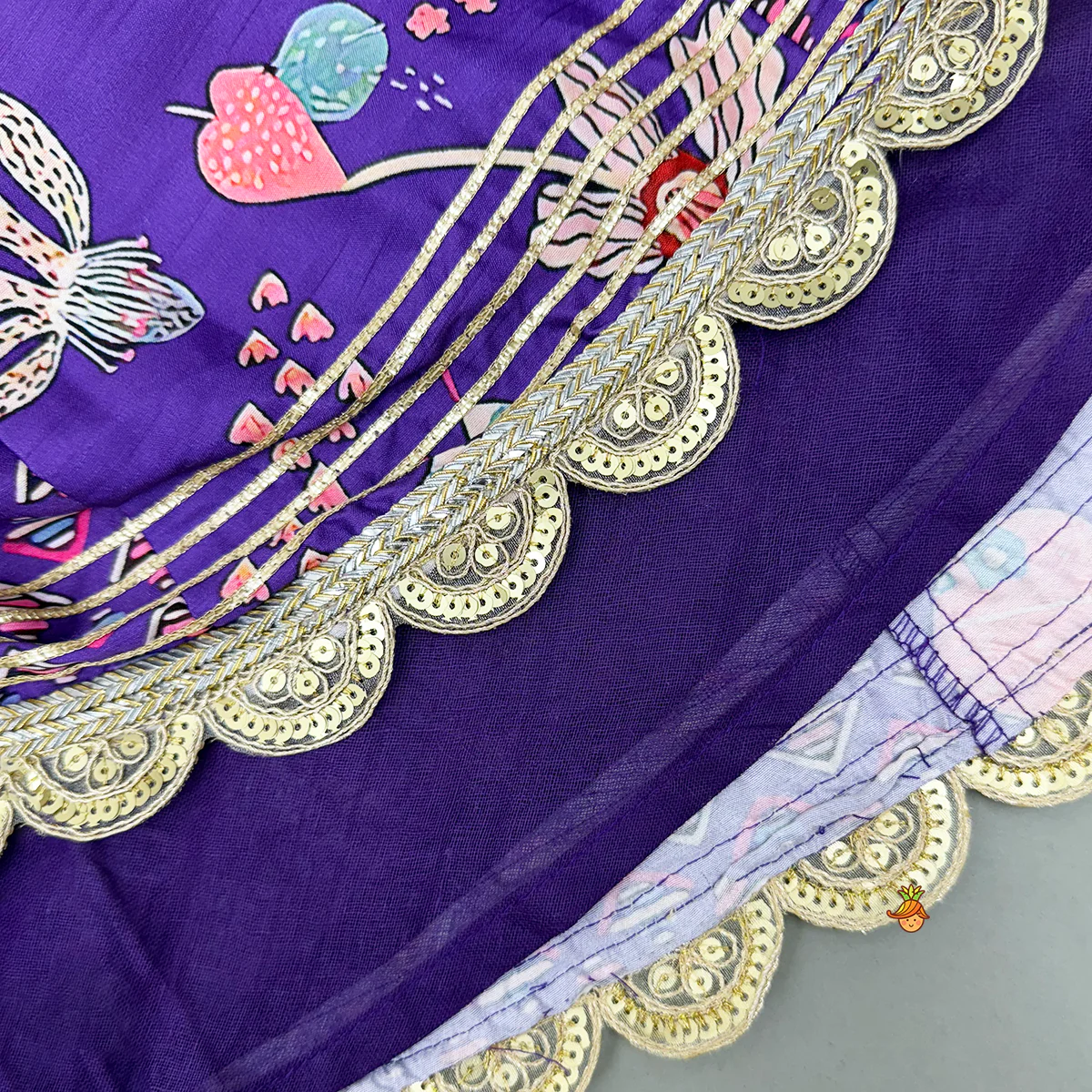 Scalloped Hem V Neck Purple Top And Lehenga With Matching Hair Band - Image 7