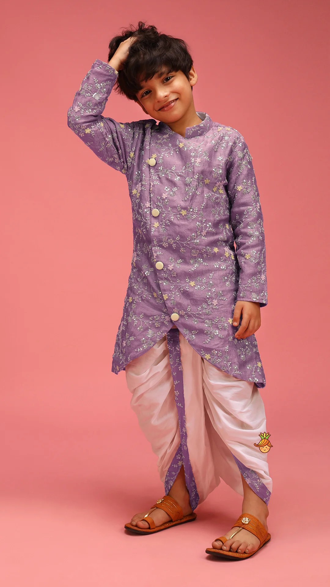 Sequin And Thread Work Lavender Kurta With Dhoti - Image 3