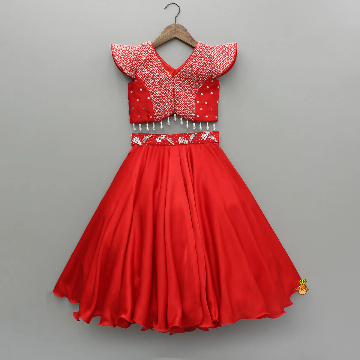 Sequin Embellished Red Top With Flared Lehenga